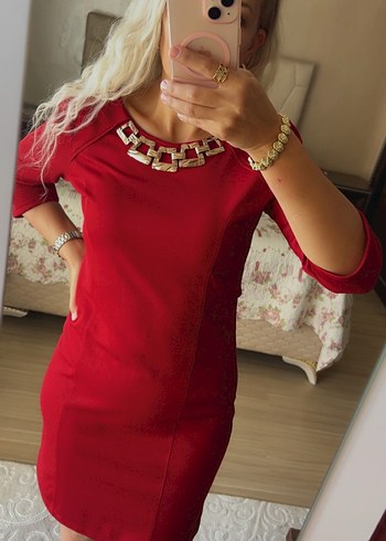 Diğer Zincir Detaylı bordo Kalem Elbise