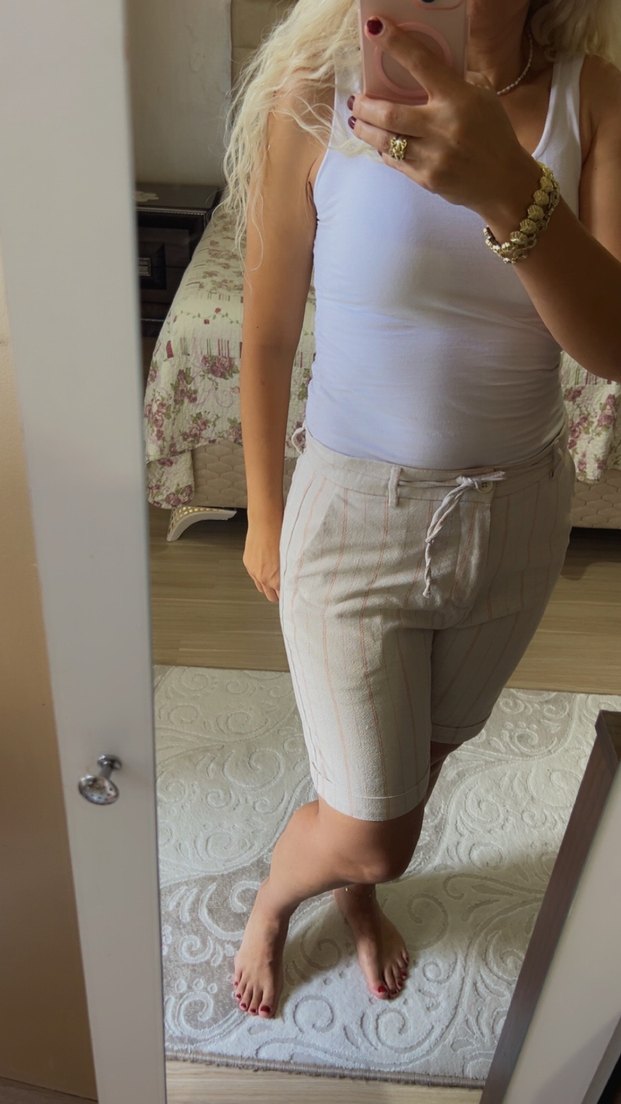 Bej Pamuk Kadın Bermuda Şort - Görsel 3