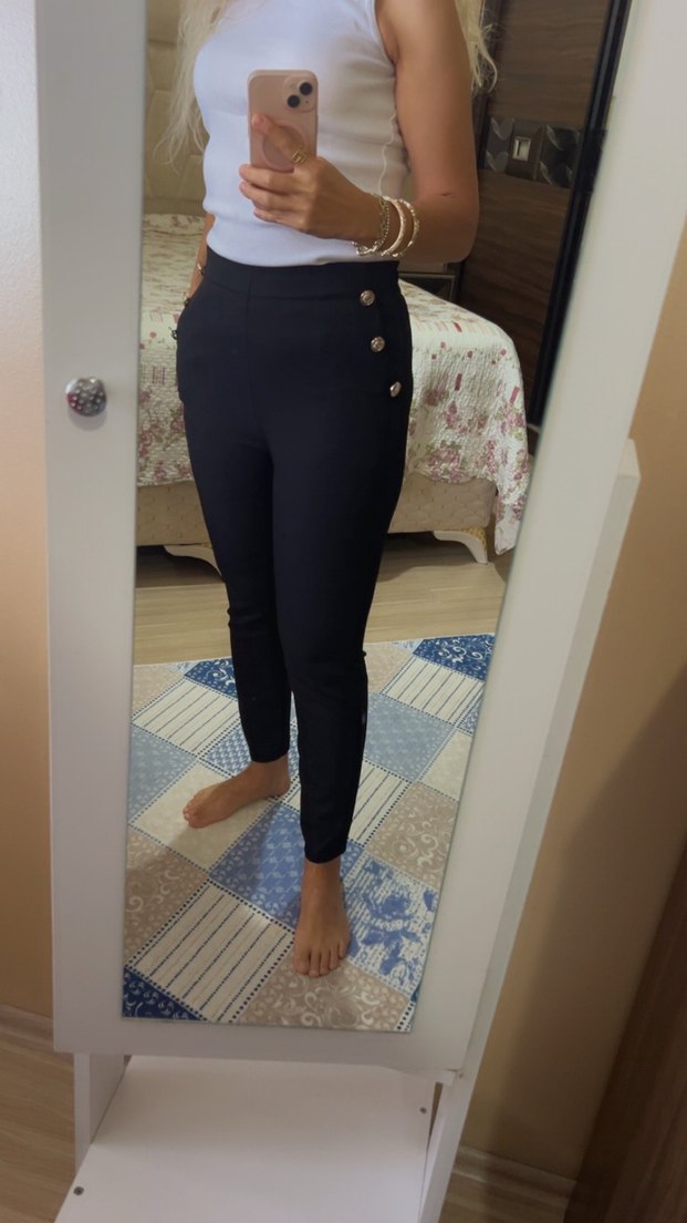 Düğmeli siyah Kadın kumaş Pantolon - Görsel 2