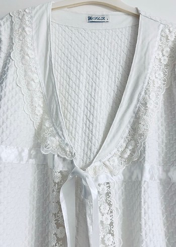 Nakışlı Beyaz Bohem Uzun Kollu Midi sabahlık - Görsel 8