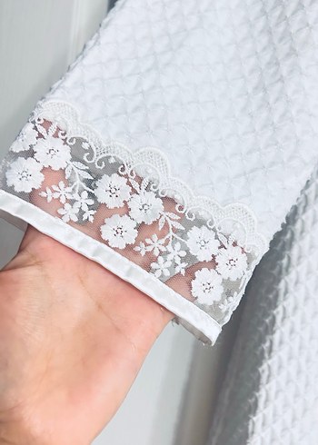 Nakışlı Beyaz Bohem Uzun Kollu Midi sabahlık - Görsel 7