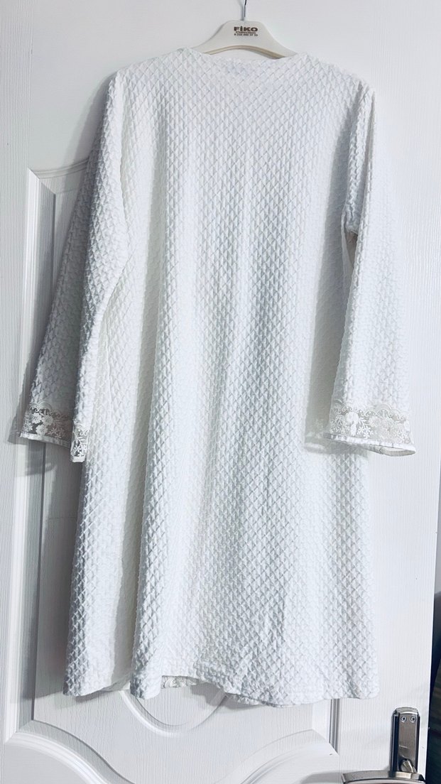 Nakışlı Beyaz Bohem Uzun Kollu Midi sabahlık - Görsel 5