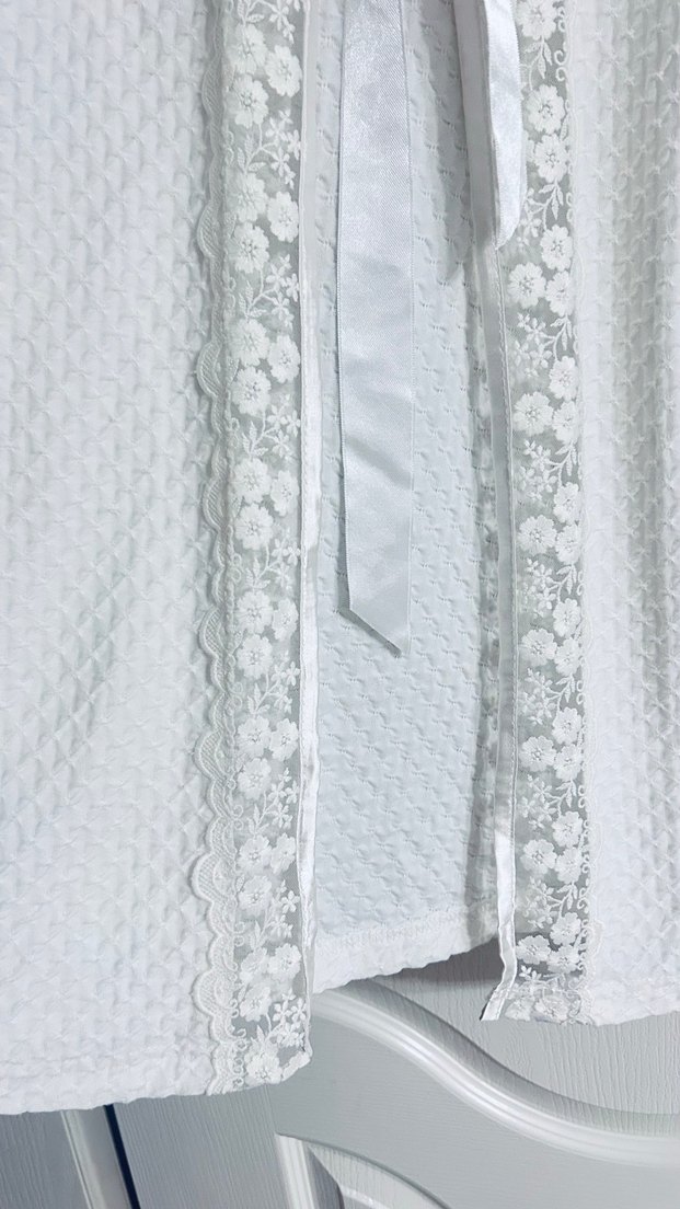 Nakışlı Beyaz Bohem Uzun Kollu Midi sabahlık - Görsel 4