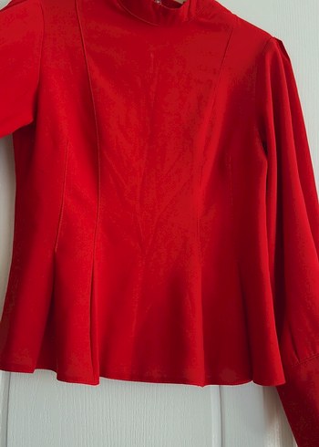 Kırmızı Yüksek Yakalı Kadın Ofis Bluzu - Görsel 7