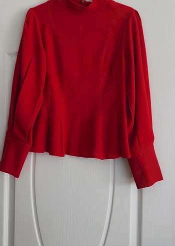 Kırmızı Yüksek Yakalı Kadın Ofis Bluzu - Görsel 5