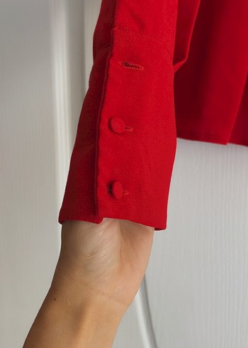 Kırmızı Yüksek Yakalı Kadın Ofis Bluzu - Görsel 6