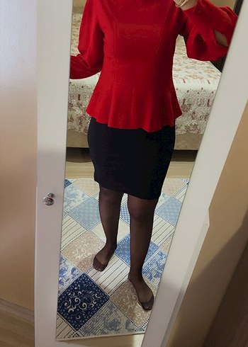 Kırmızı Yüksek Yakalı Kadın Ofis Bluzu - Görsel 2