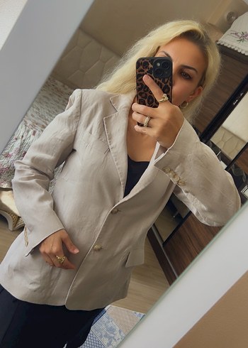 Polo garage Bej Düğmeli Kadın Keten Blazer Ceket - Görsel 2