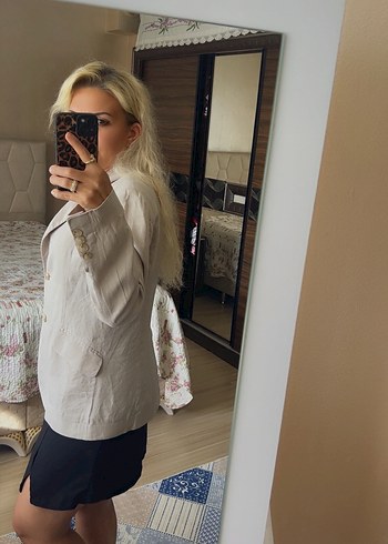 Polo garage Bej Düğmeli Kadın Keten Blazer Ceket - Görsel 3