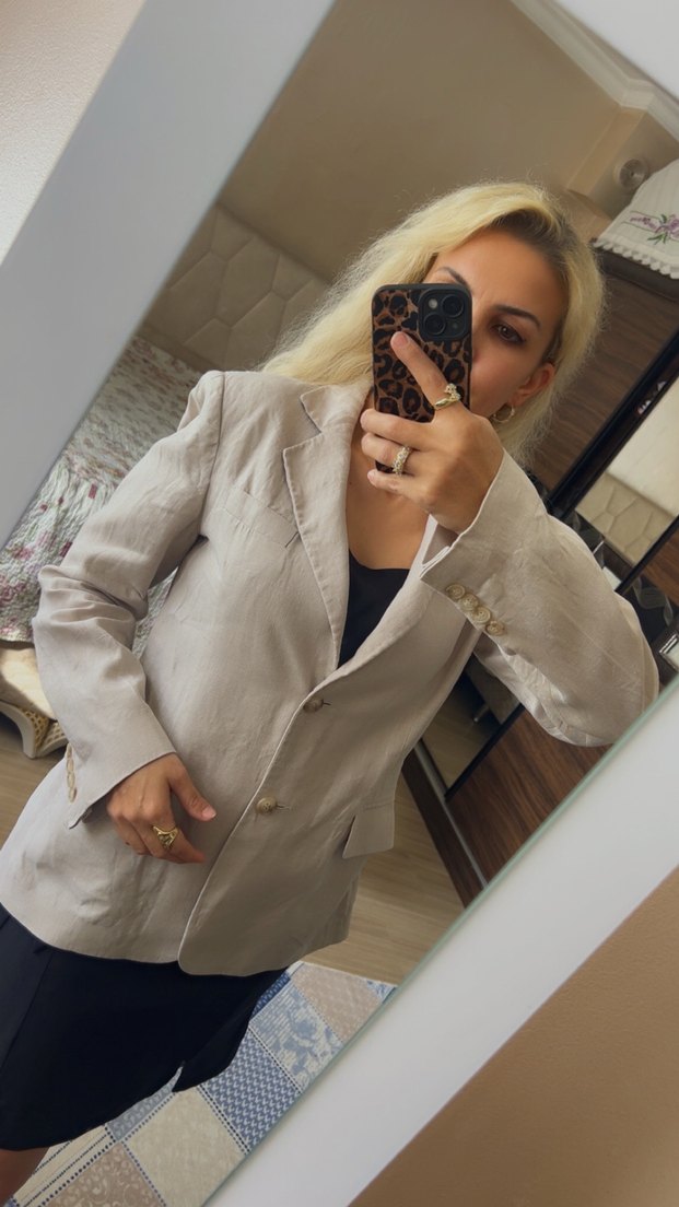 Polo garage Bej Düğmeli Kadın Keten Blazer Ceket - Görsel 2