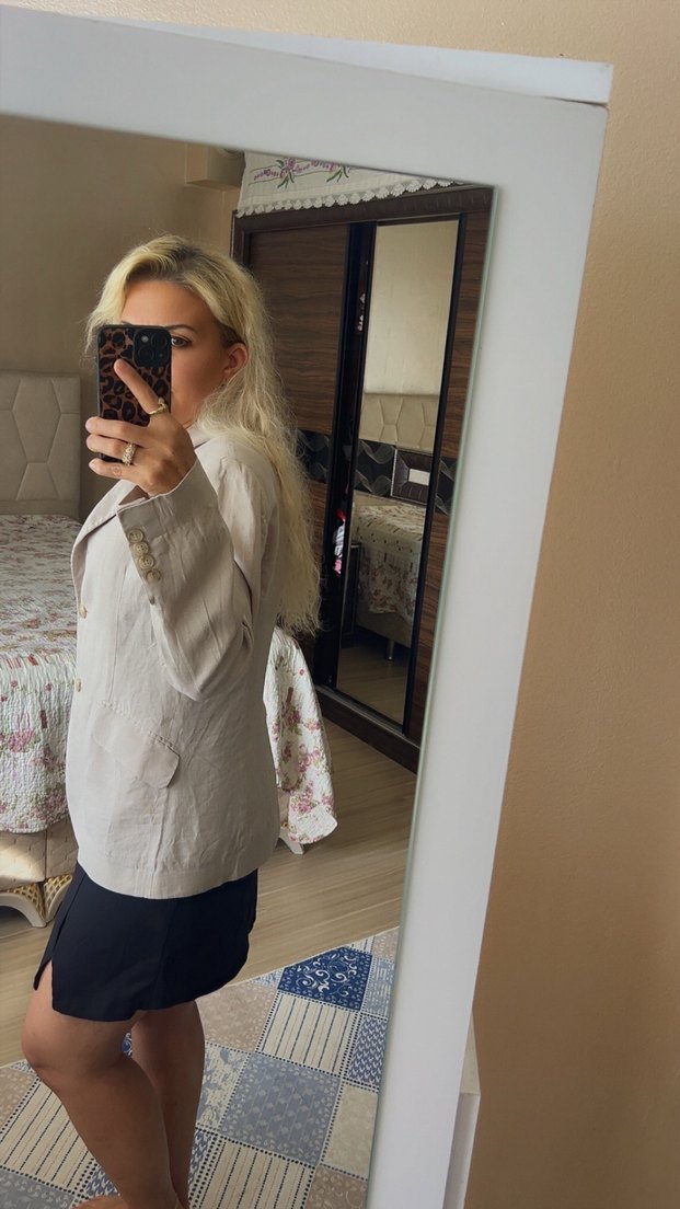 Polo garage Bej Düğmeli Kadın Keten Blazer Ceket - Görsel 3