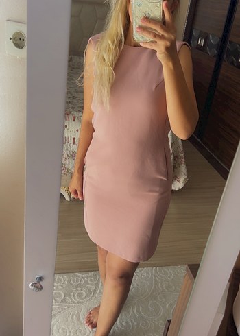 m Beden Pembe V Yaka Kolsuz Midi Elbise