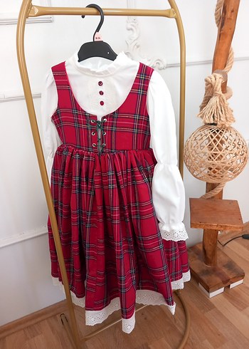 Kırmızı Kareli Askılı Kız Çocuk Elbise - Görsel 3