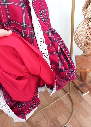 Kırmızı Kareli Askılı Kız Çocuk Elbise - Görsel 6