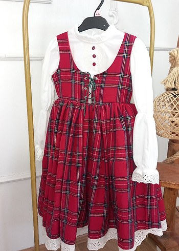 Kırmızı Kareli Askılı Kız Çocuk Elbise - Görsel 2