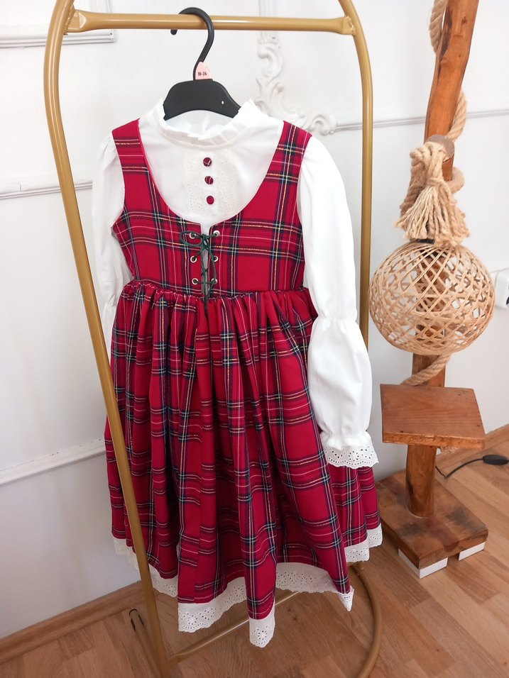 Kırmızı Kareli Askılı Kız Çocuk Elbise - Görsel 3