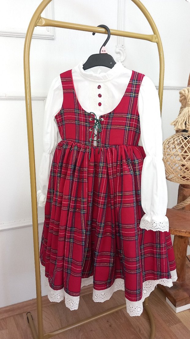 Kırmızı Kareli Askılı Kız Çocuk Elbise - Görsel 2
