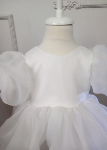 Beyaz Kız Çocuk Balon kollu Elbise - Görsel 3