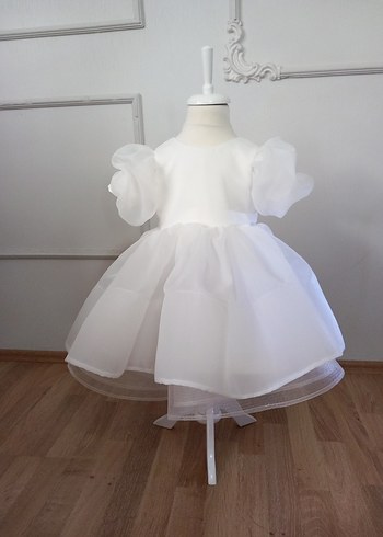 Beyaz Kız Çocuk Balon kollu Elbise - Görsel 2