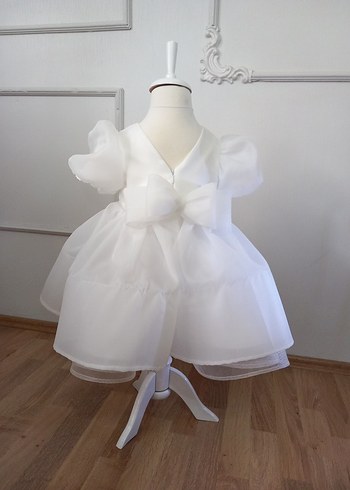 Beyaz Kız Çocuk Balon kollu Elbise - Görsel 4