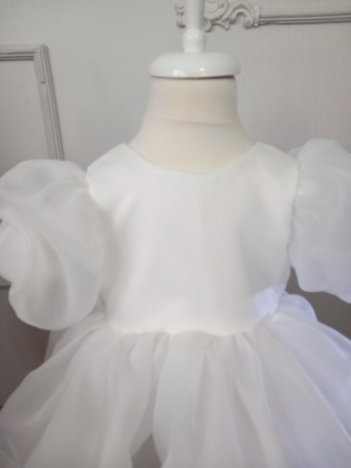 Beyaz Kız Çocuk Balon kollu Elbise - Görsel 3