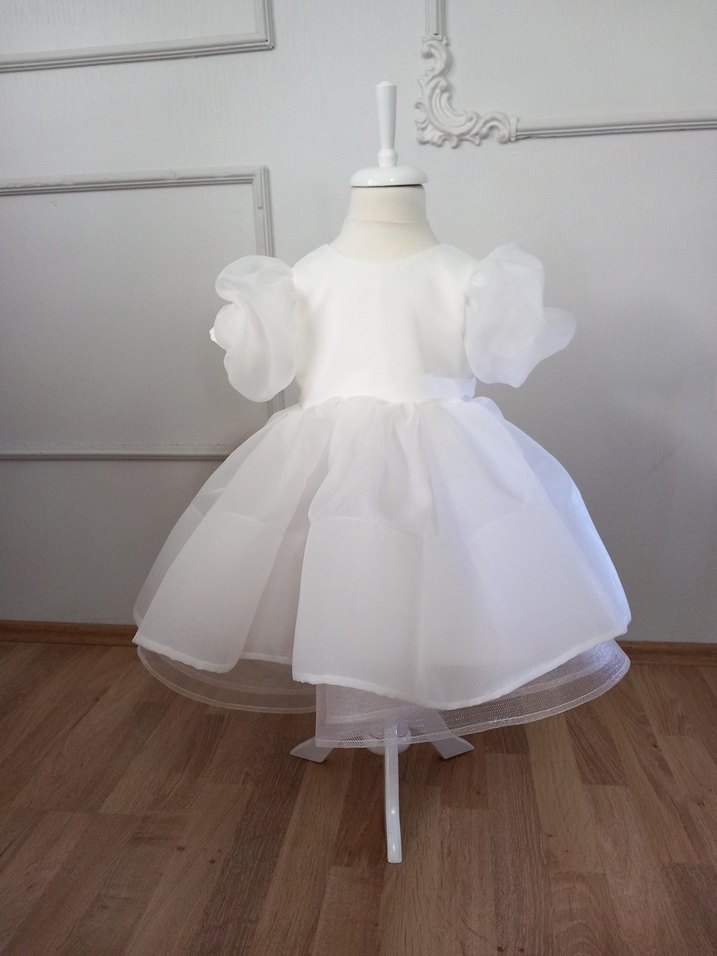 Beyaz Kız Çocuk Balon kollu Elbise - Görsel 2