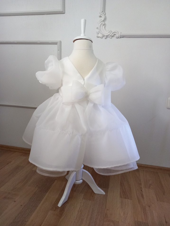 Beyaz Kız Çocuk Balon kollu Elbise - Görsel 4