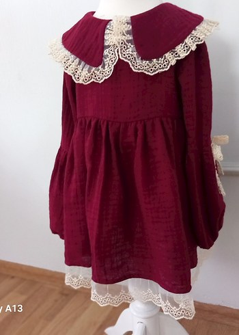 Bordo Dantelli Bohem Kız Elbisesi - Görsel 4