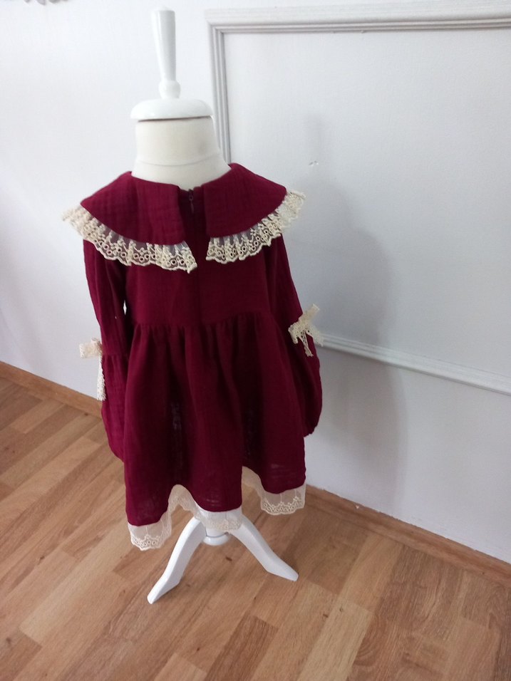 Bordo Dantelli Bohem Kız Elbisesi - Görsel 2