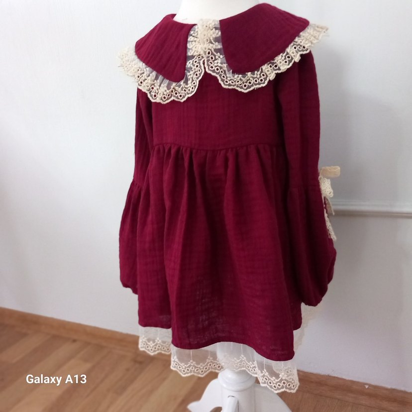 Bordo Dantelli Bohem Kız Elbisesi - Görsel 4