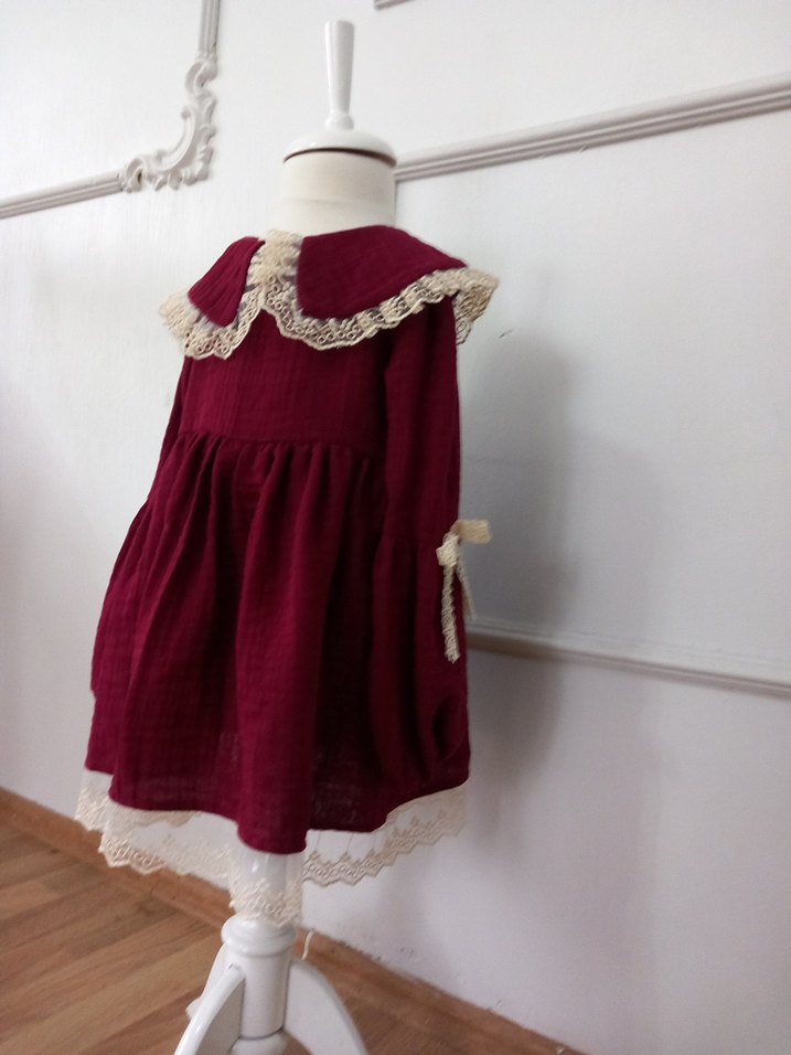Bordo Dantelli Bohem Kız Elbisesi - Görsel 3