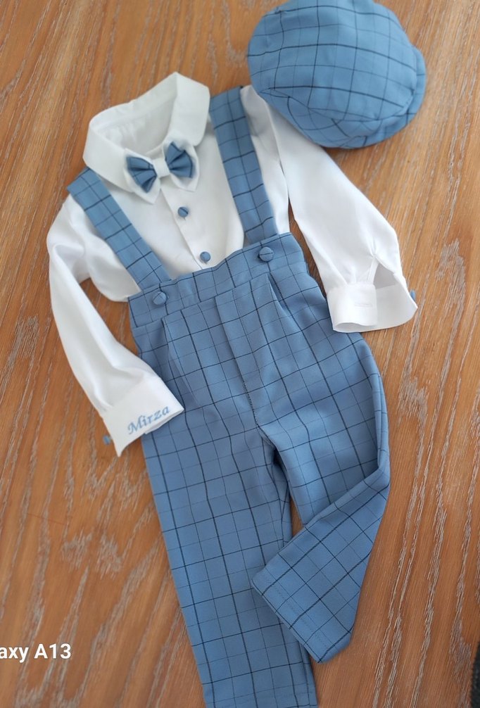 Düğmeli Mavi Ekose Bebek Erkek Takım - Görsel 4