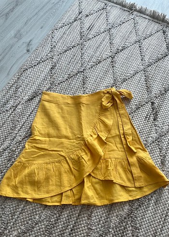 Sarı Keten Fırfırlı Mini Etek