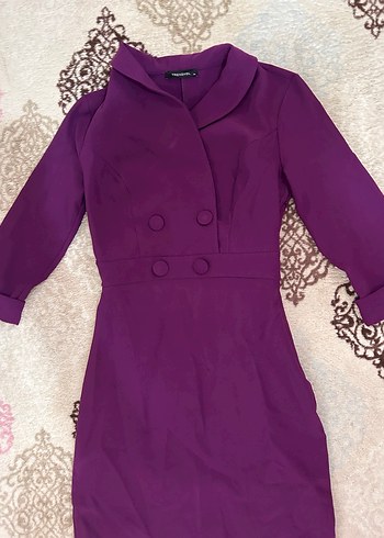 Mor Düğmeli Kadın Midi Klasik Elbise - Görsel 2