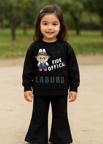Kız Çocuk Siyah Baskılı Sweatshirt ve Eşofman