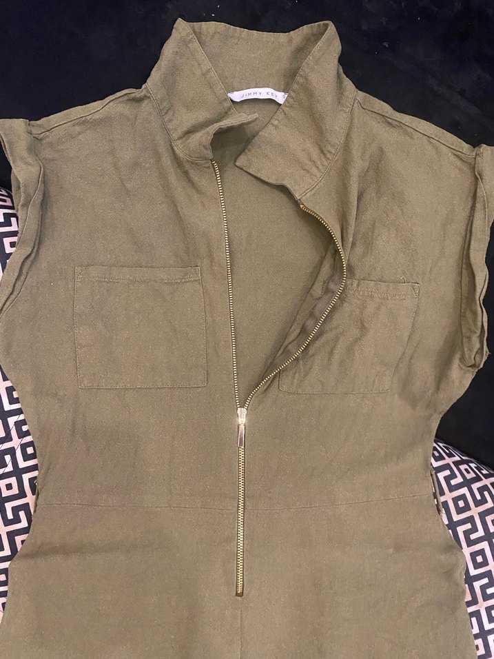 Kadın Haki Keten Kısa Tulum - Görsel 2