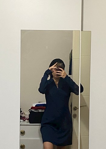 Kadın Lacivert Uzun Kollu Midi Elbise - Görsel 2