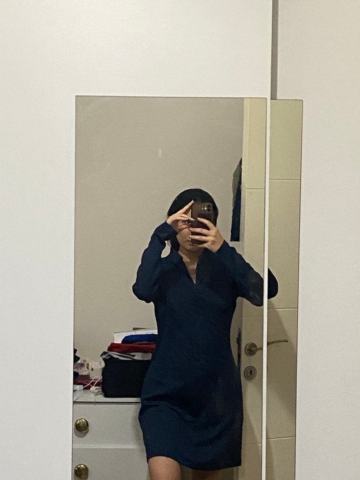 Kadın Lacivert Uzun Kollu Midi Elbise - Görsel 2