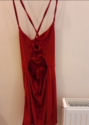 Parlak Kırmızı Drapeli  mini Abiye Elbise - Görsel 2