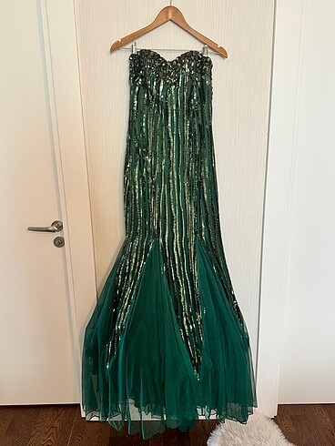 Zümrüt Yeşili Full Taş İşlemeli Straptez Balık Abiye Nişanlık Me - Görsel 2