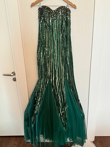 Zümrüt Yeşili Full Taş İşlemeli Straptez Balık Abiye Nişanlık Me - Görsel 5