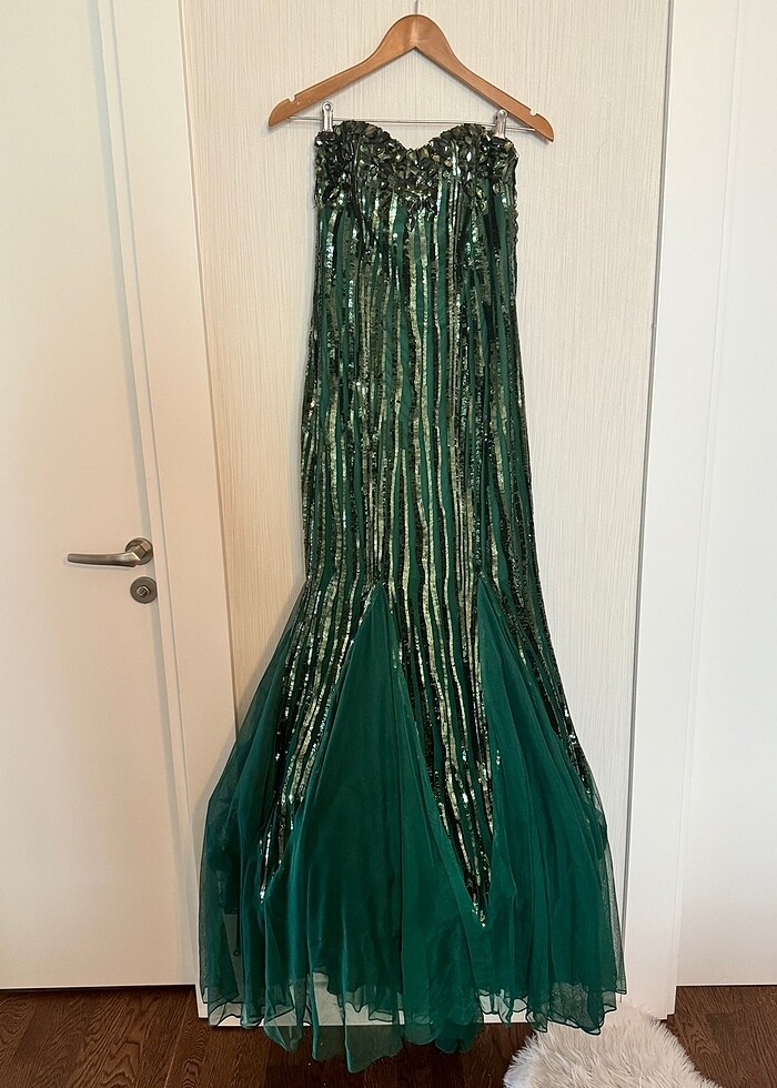 Zümrüt Yeşili Full Taş İşlemeli Straptez Balık Abiye Nişanlık Me - Görsel 2