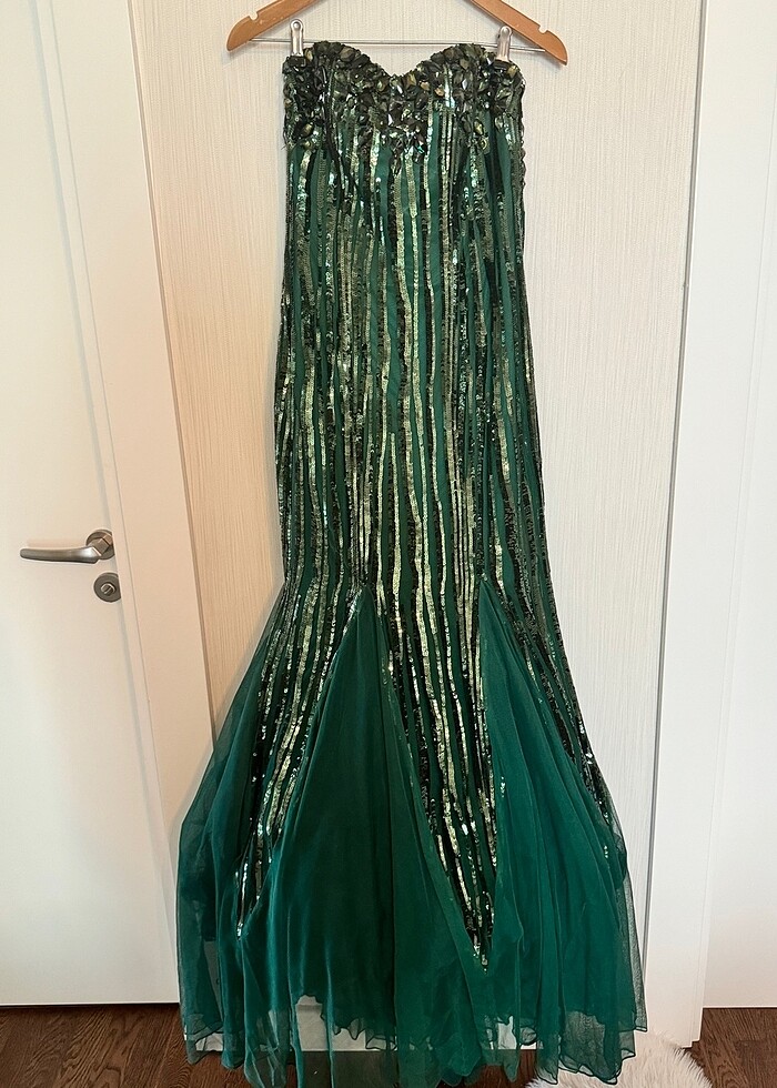 Zümrüt Yeşili Full Taş İşlemeli Straptez Balık Abiye Nişanlık Me - Görsel 5