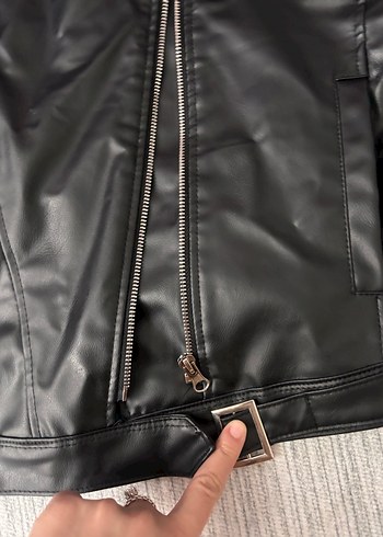 Kadın Siyah Deri Biker Ceket - Görsel 3