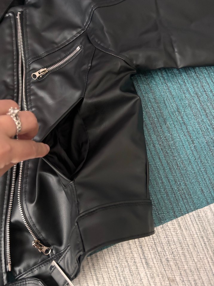 Kadın Siyah Deri Biker Ceket - Görsel 4
