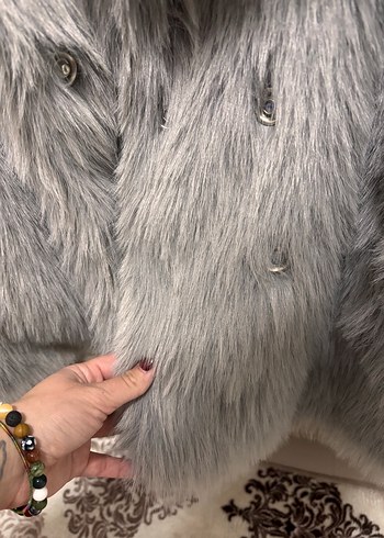 Gri Kadın Suni Kürk Midi Ceket - Görsel 3