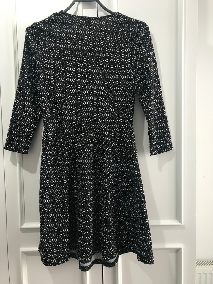 Uzun Kollu Siyah Desenli Mini Elbise - Görsel 2