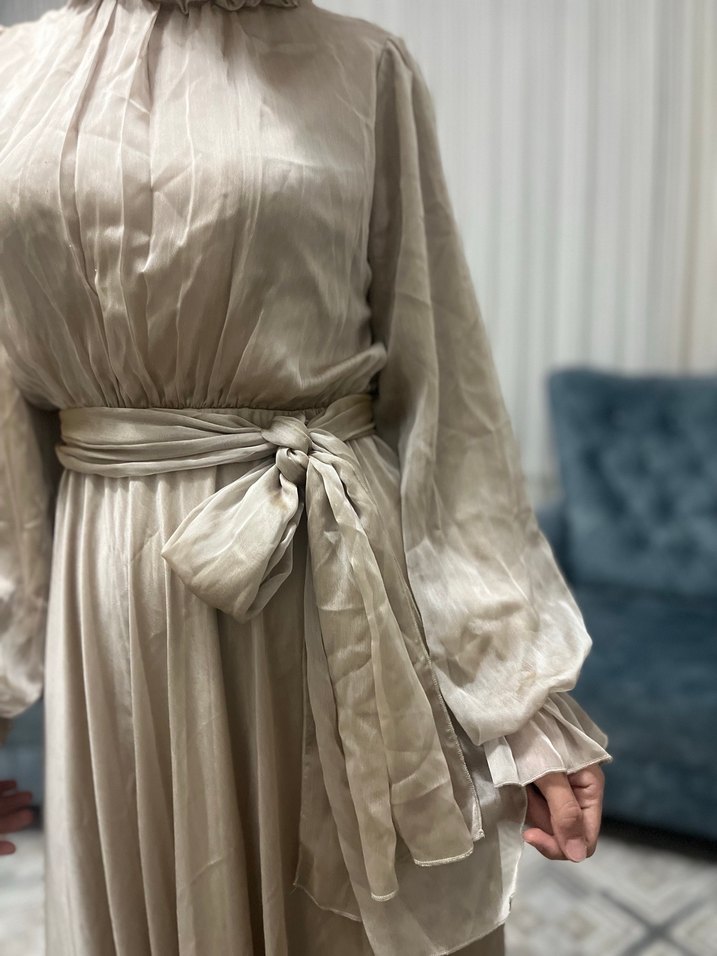 Bej Uzun Bohem Elbise - Görsel 5