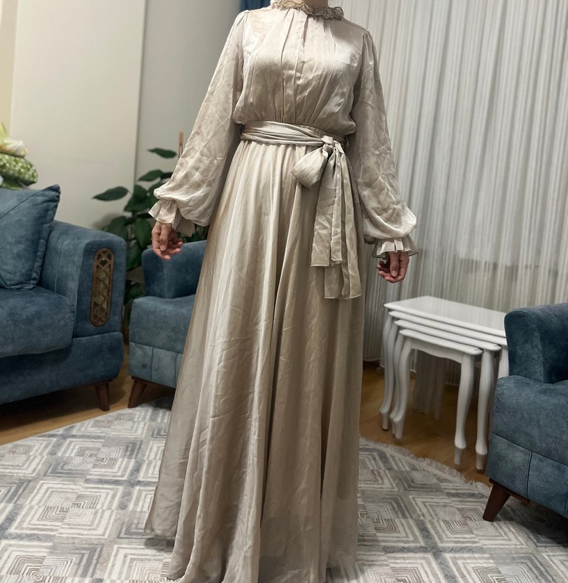 Bej Uzun Bohem Elbise - Görsel 3