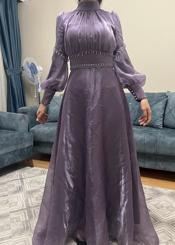 Uzun Mor Drapeli Kadın Abiye Elbise - Görsel 3